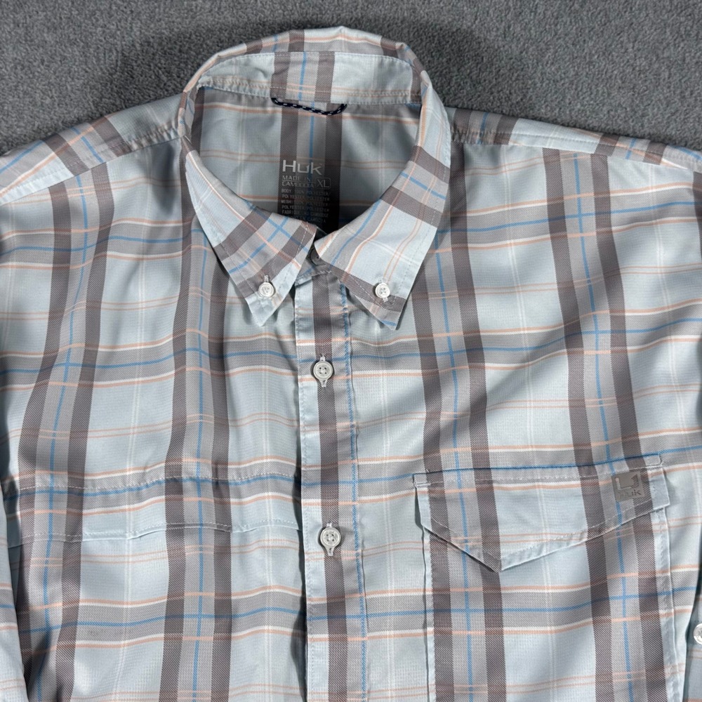 Huk Tide Point Latitude Button Up Shirt Men's XL Gray Blue Plaid Mesh Roll Tab